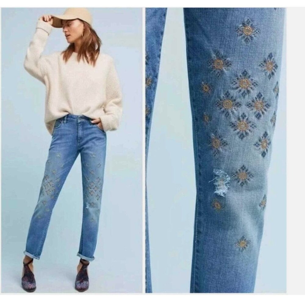 Pilcro & the Letterpress Anthropologie Women 28 Slim Boyfriend Jeans Embroidered